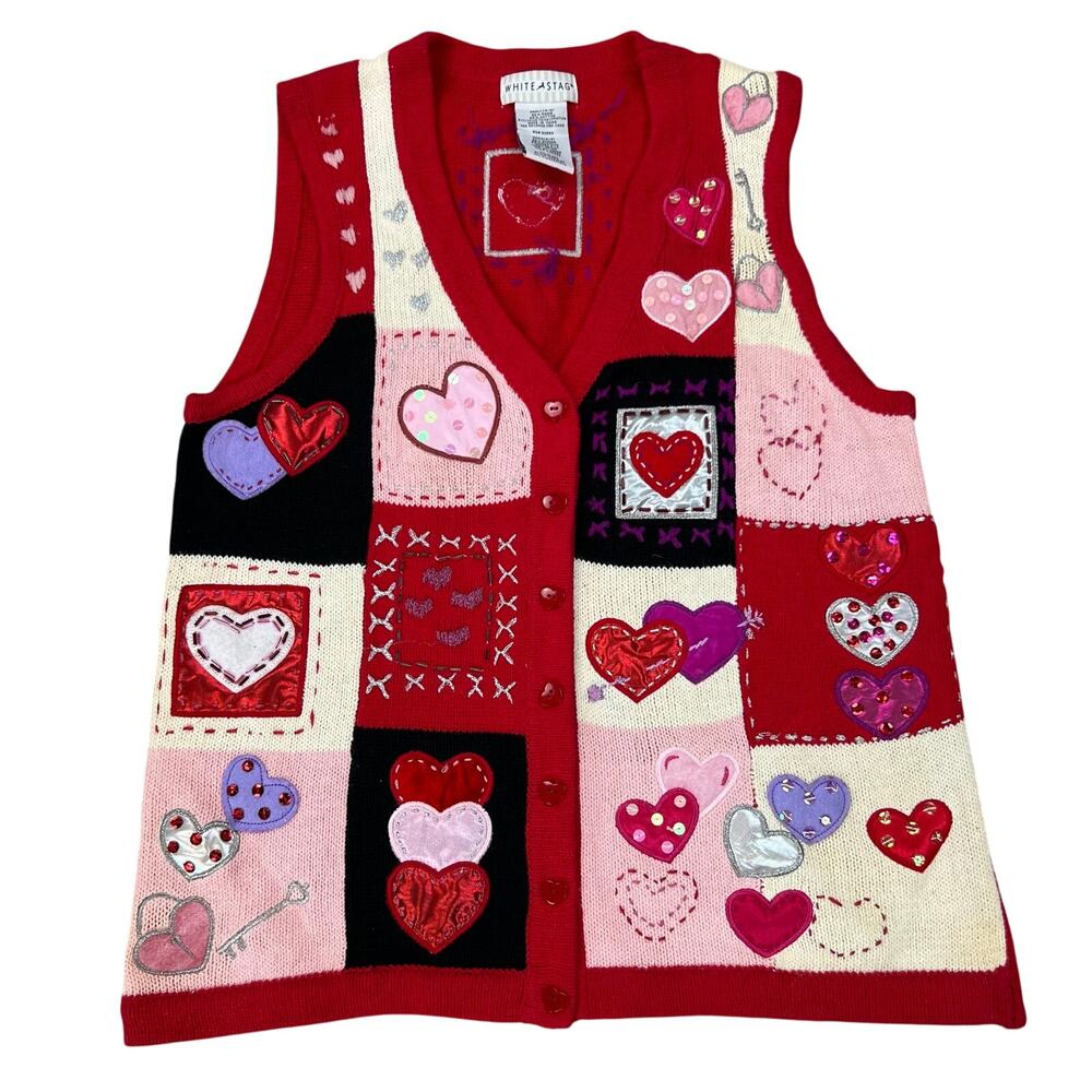 Vintage 90s Y2K White Stag Valentine Heart Patchwork Granny Sweater Vest Sz S